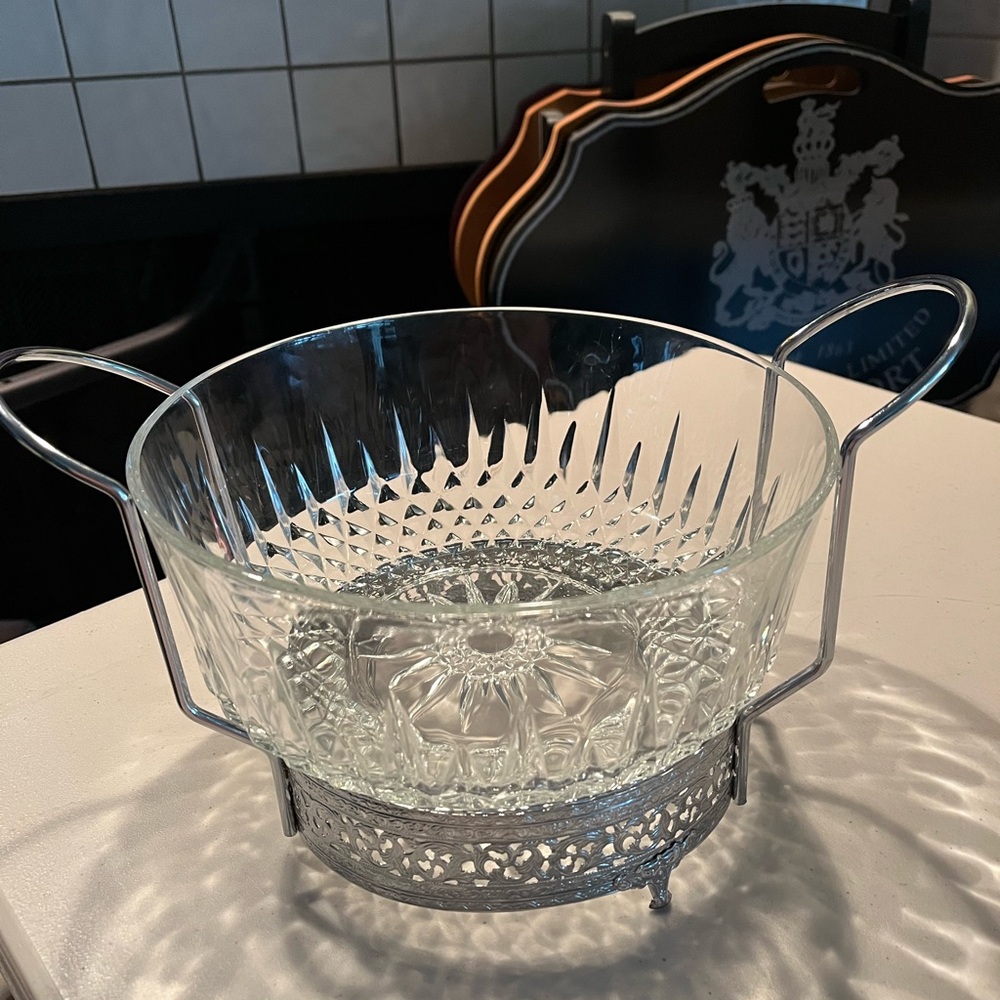 Elegant Crystal Serving Bowl with Silver Stand. Arcoroc France with tray